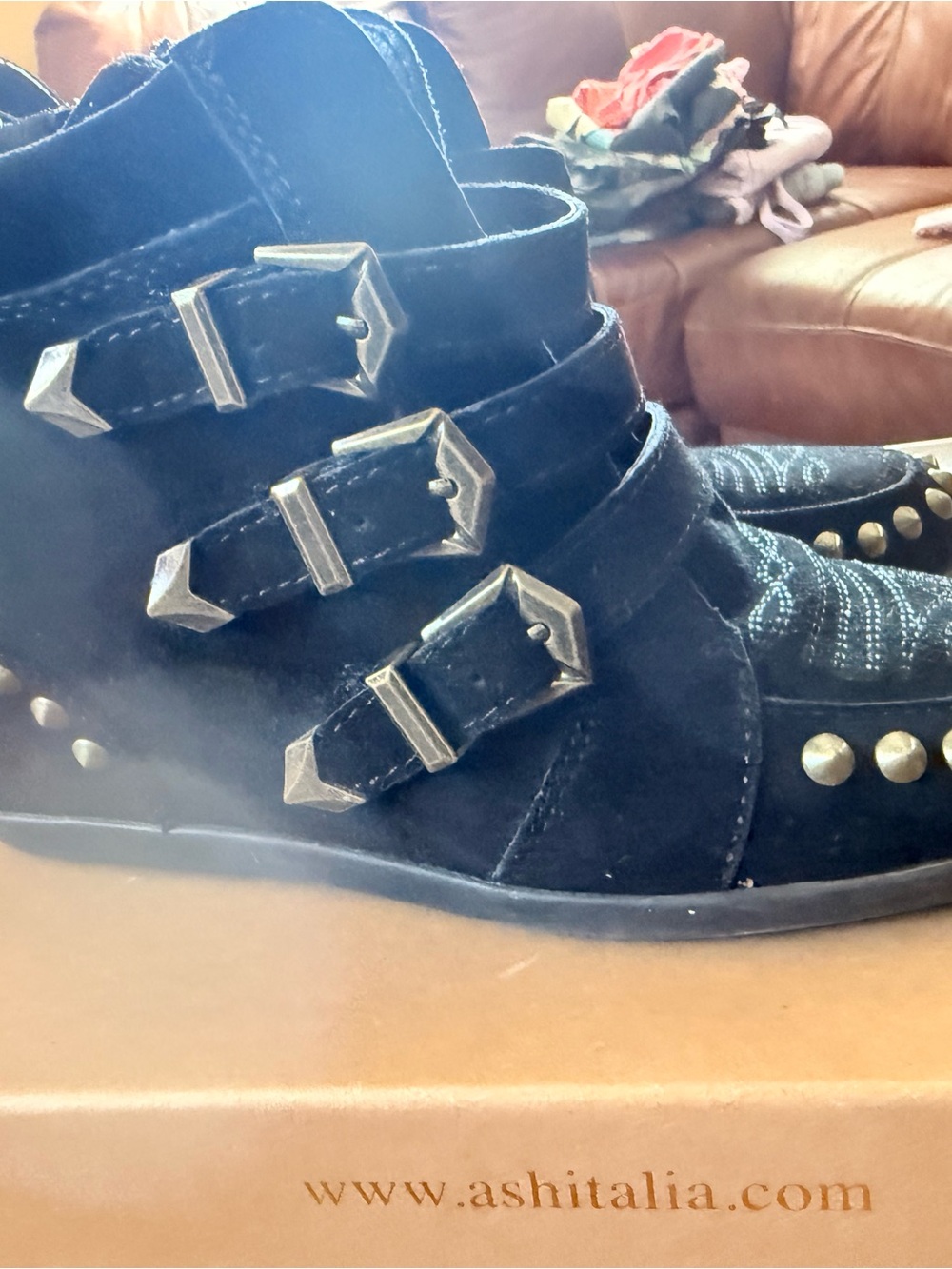 Ash Black Suede Ankle Boots with Buckle Straps and Studs